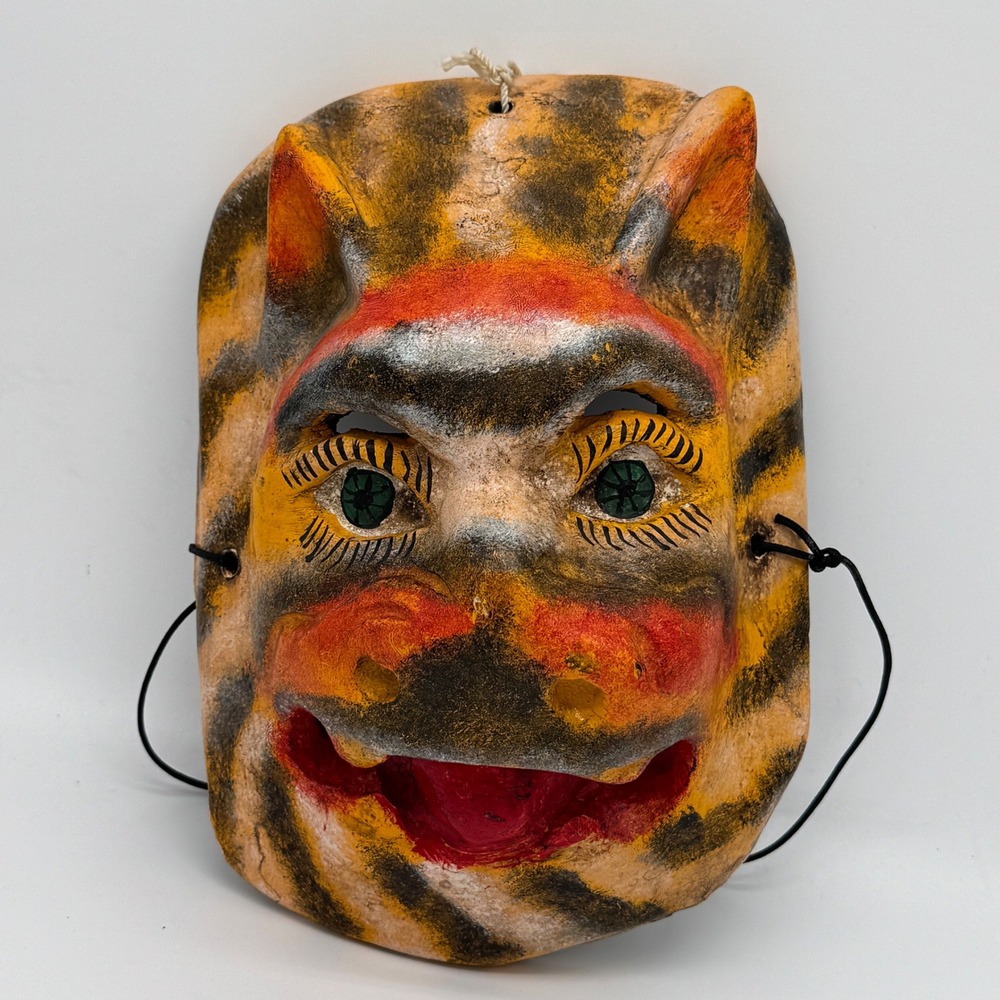 Vintage Mexican Folk Art Tiger Mask Hand Carved Wood Jaguar Dance Guerrero 9x6"